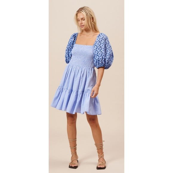 Lucy Paris Skya Embroidered Striped Mini Dress Smocked Puff Sleeve Sz L NWT - Picture 2 of 12